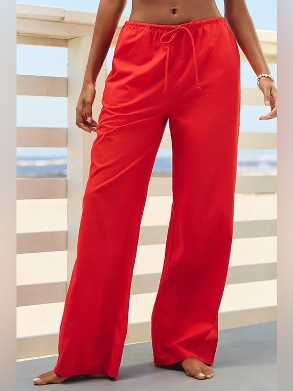 l*Space Linen blend Wide Leg Drawstring Pants - Red